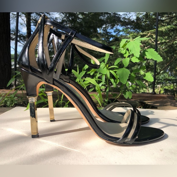 Mia Becar Leather Black Gold Heel back zipper High Heels open toe 38.5 US 8.5 - Picture 5 of 13